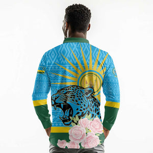 Rwanda Independence Day Long Sleeve Polo Shirt Leopard With Roses