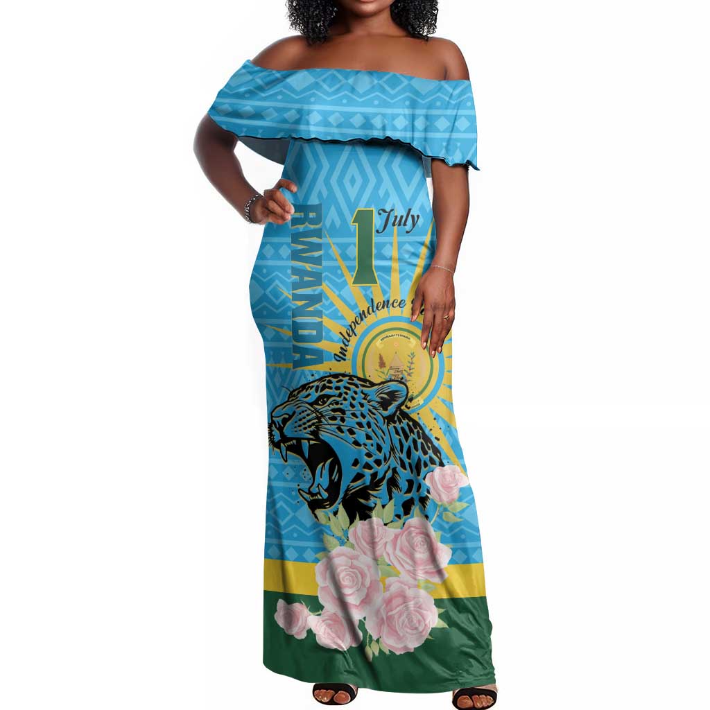 Rwanda Independence Day Off Shoulder Maxi Dress Leopard With Roses