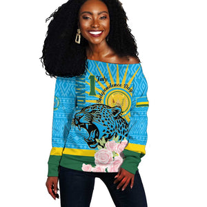 Rwanda Independence Day Off Shoulder Sweater Leopard With Roses