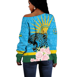 Rwanda Independence Day Off Shoulder Sweater Leopard With Roses