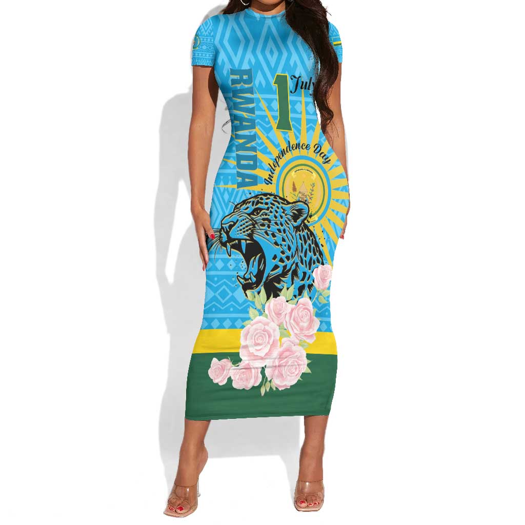 Rwanda Independence Day Short Sleeve Bodycon Dress Leopard With Roses