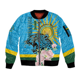 Rwanda Independence Day Sleeve Zip Bomber Jacket Leopard With Roses