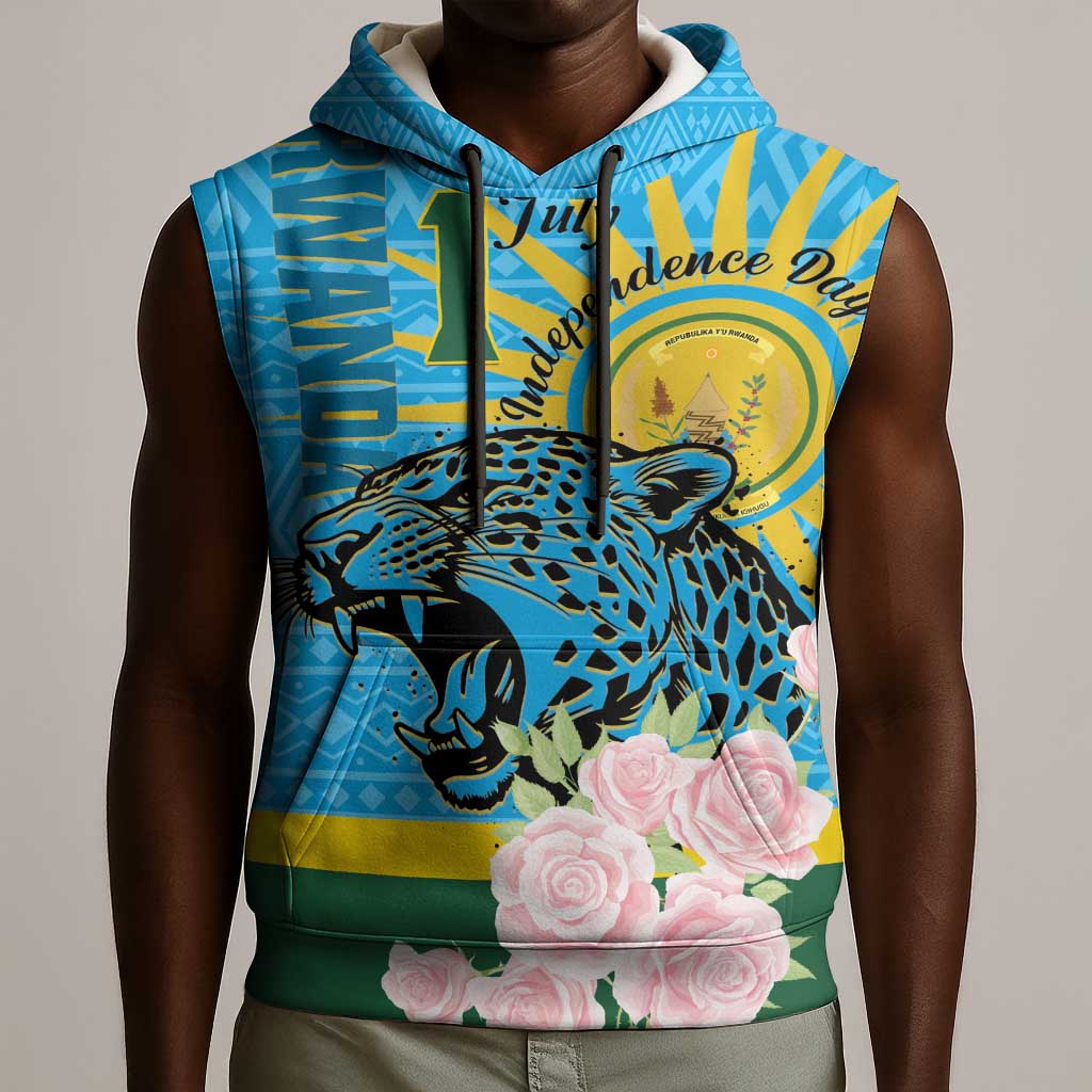 Rwanda Independence Day Sleeveless Hoodie Leopard With Roses - African Pride