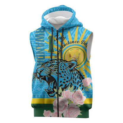 Rwanda Independence Day Sleeveless Zip Hoodie Leopard With Roses - African Pride