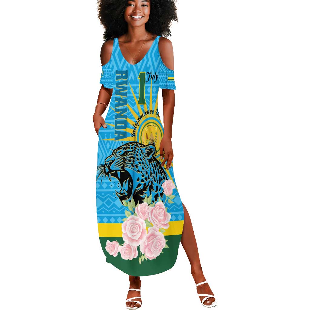 Rwanda Independence Day Summer Maxi Dress Leopard With Roses