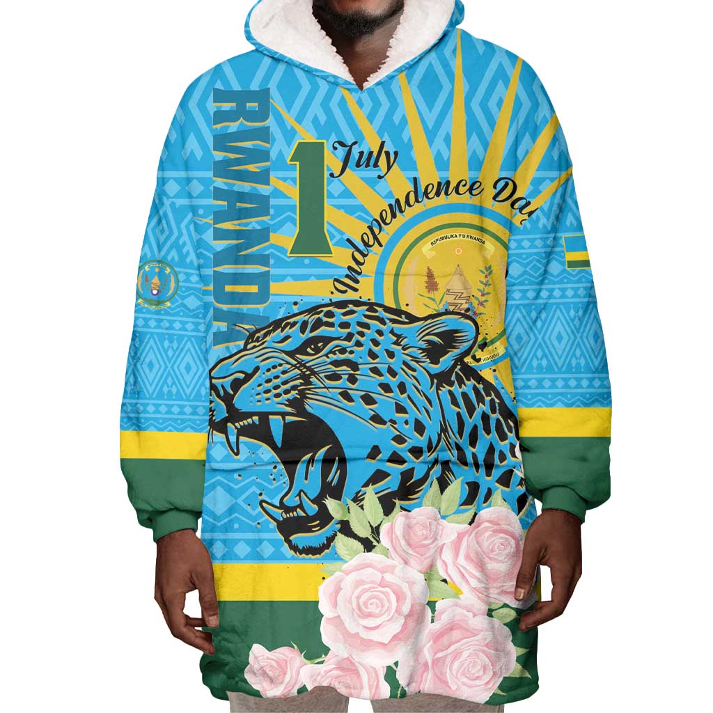 Rwanda Independence Day Wearable Blanket Hoodie Leopard With Roses