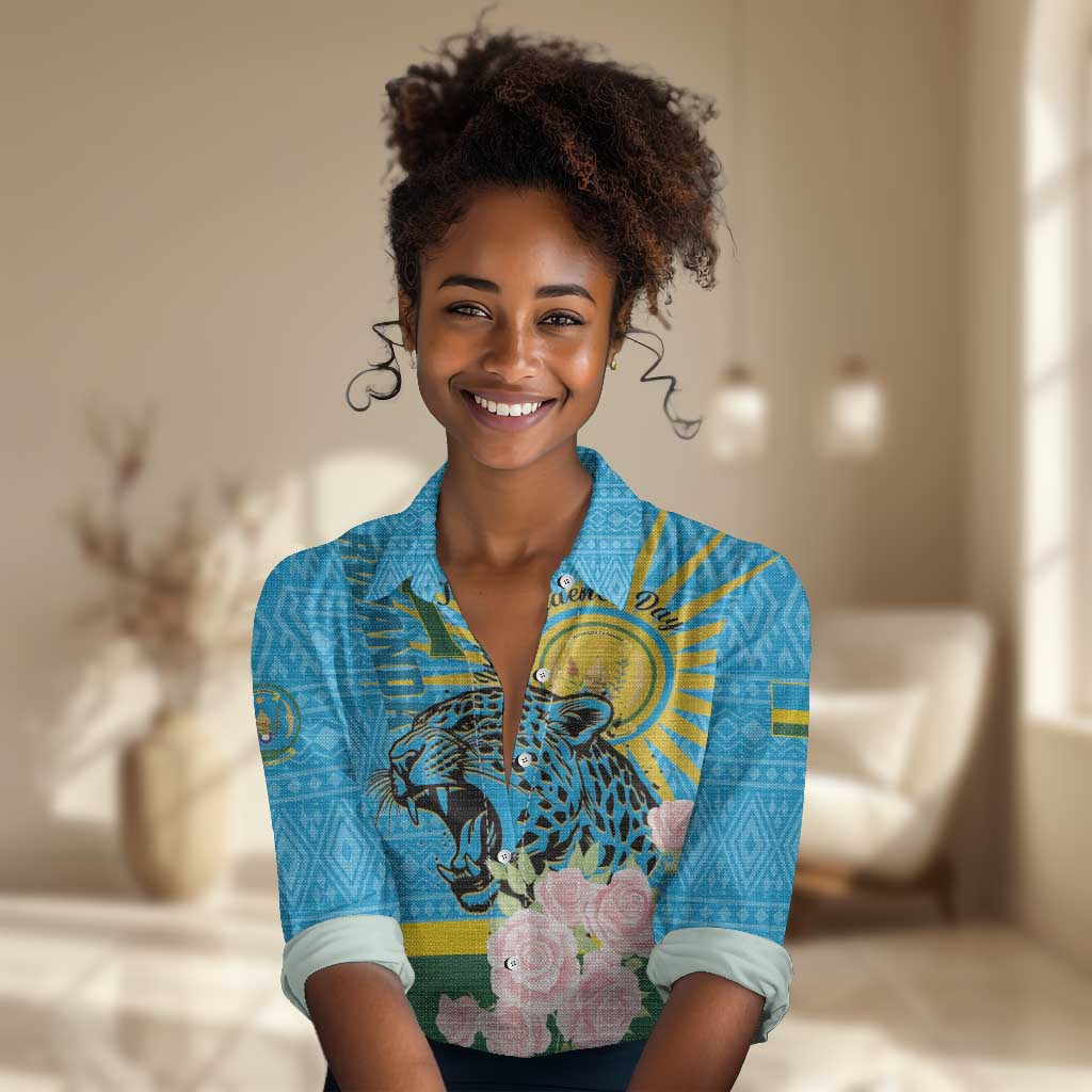 Rwanda Independence Day Women Casual Shirt Leopard With Roses