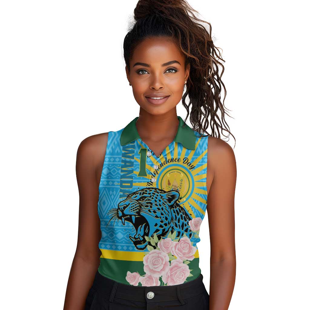 Rwanda Independence Day Women Sleeveless Polo Shirt Leopard With Roses