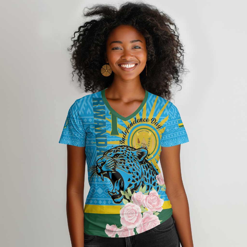 Rwanda Independence Day Women V-Neck T-Shirt Leopard With Roses