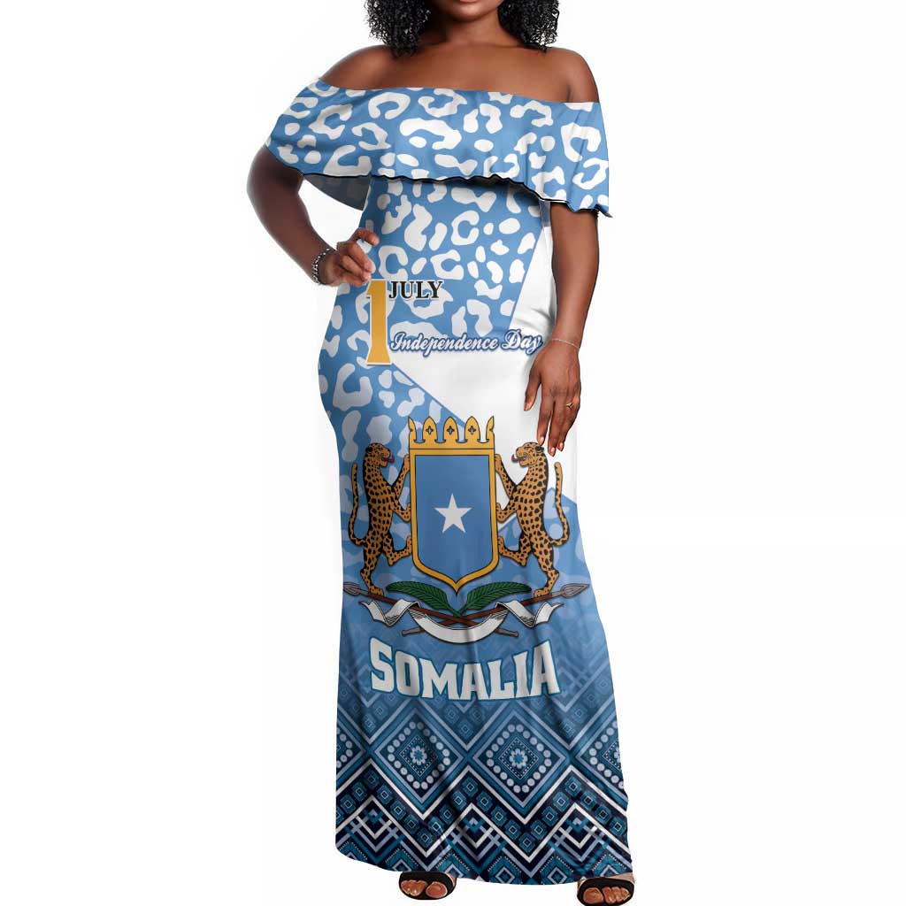 Personalized Somalia Independence Day Off Shoulder Maxi Dress African Leopard Pattern