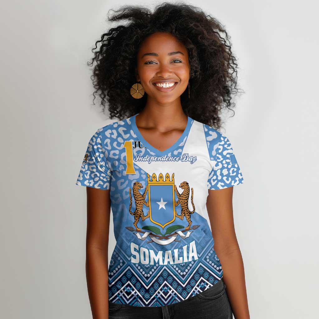 Personalized Somalia Independence Day Women V-Neck T-Shirt African Leopard Pattern