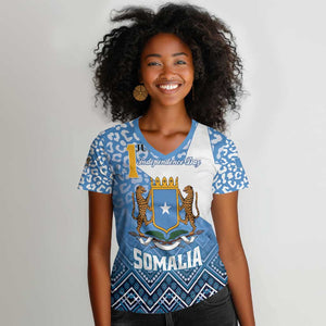 Personalized Somalia Independence Day Women V-Neck T-Shirt African Leopard Pattern