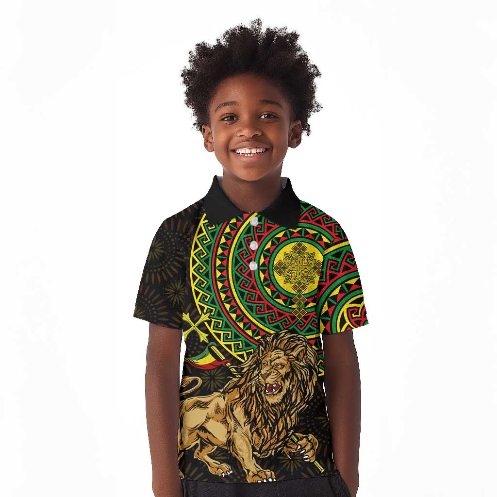 Ethiopia National Day Kid Polo Shirt Lion Of Judah African Pattern