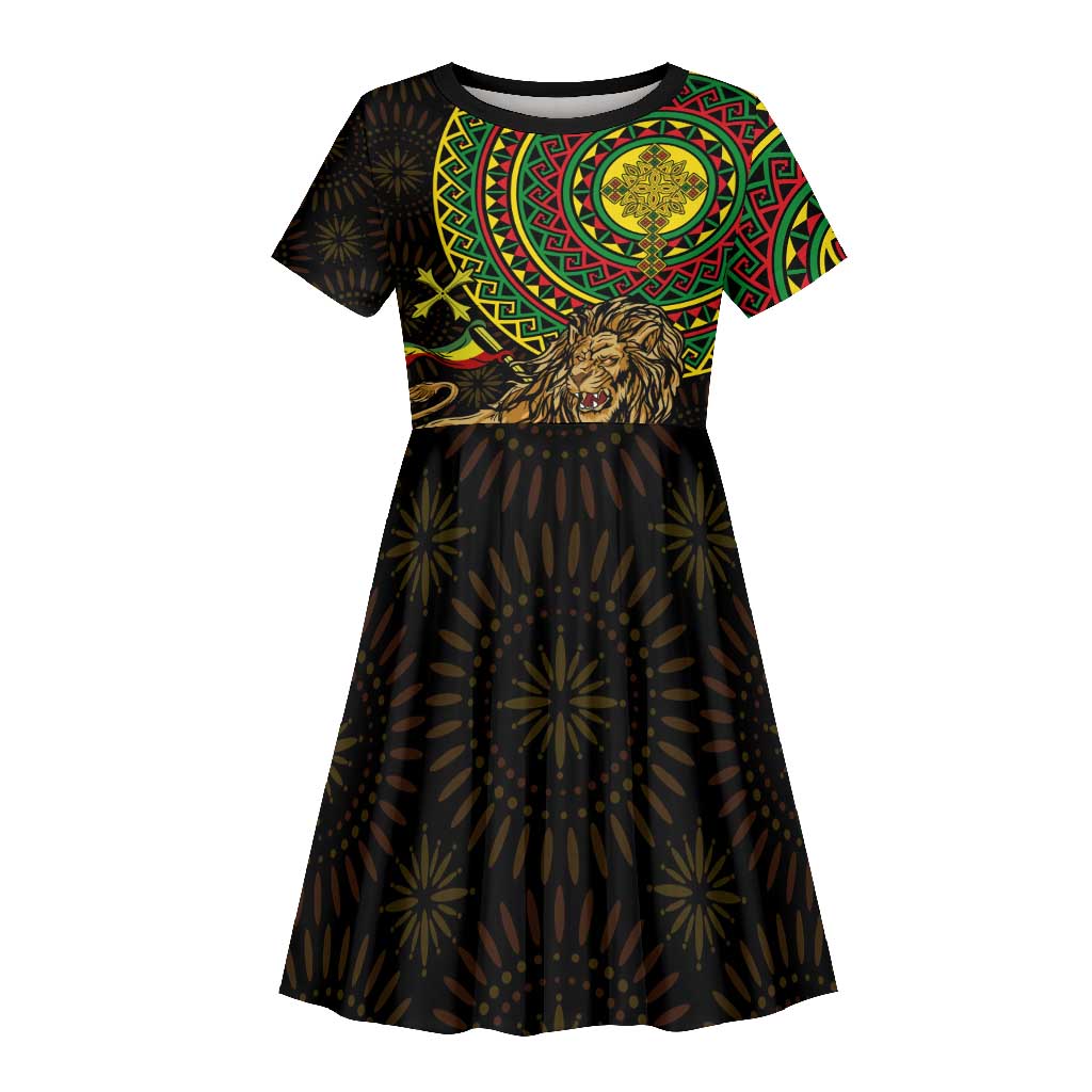 Ethiopia National Day Kid Short Sleeve Dress Lion Of Judah African Pattern