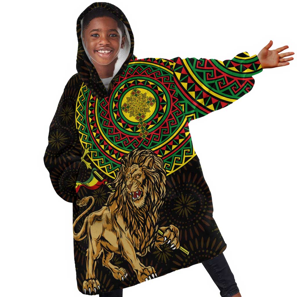 Ethiopia National Day KId Wearable Blanket Hoodie Lion Of Judah African Pattern