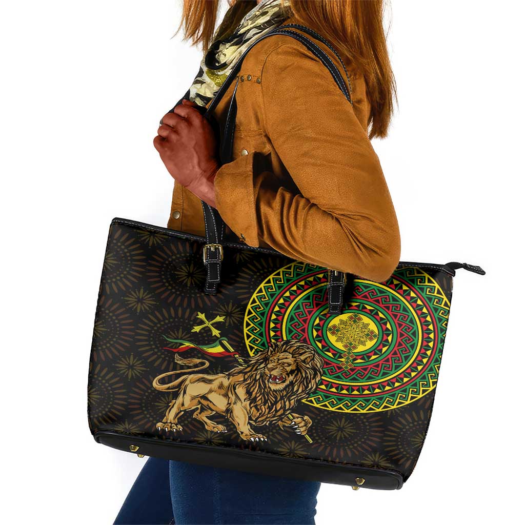 Ethiopia National Day Leather Tote Bag Lion Of Judah African Pattern