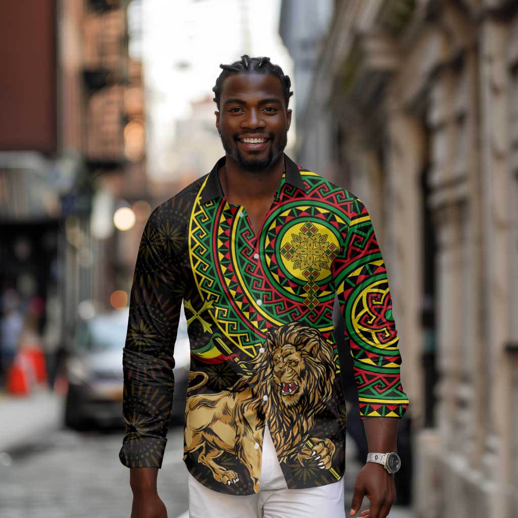 Ethiopia National Day Long Sleeve Button Shirt Lion Of Judah African Pattern