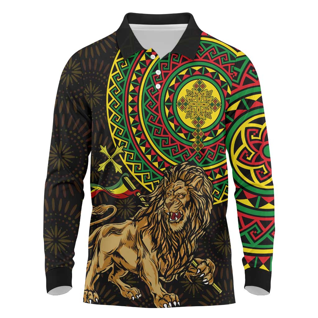 Ethiopia National Day Long Sleeve Polo Shirt Lion Of Judah African Pattern