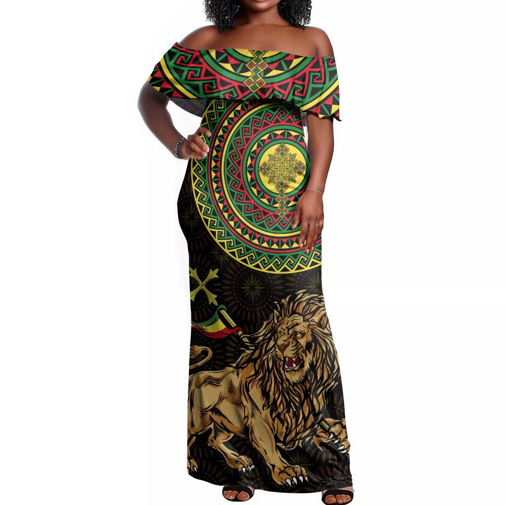 Ethiopia National Day Off Shoulder Maxi Dress Lion Of Judah African Pattern