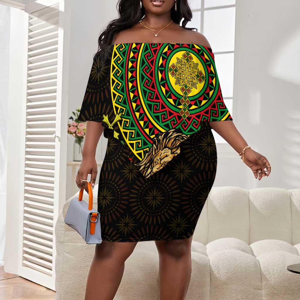 Ethiopia National Day Off Shoulder Short Dress Lion Of Judah African Pattern LT01