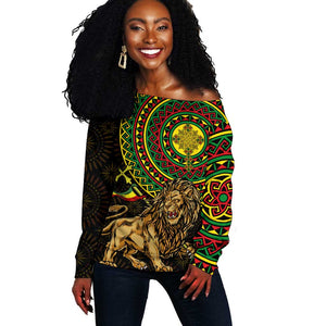 Ethiopia National Day Off Shoulder Sweater Lion Of Judah African Pattern