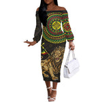 Ethiopia National Day Off The Shoulder Long Sleeve Dress Lion Of Judah African Pattern