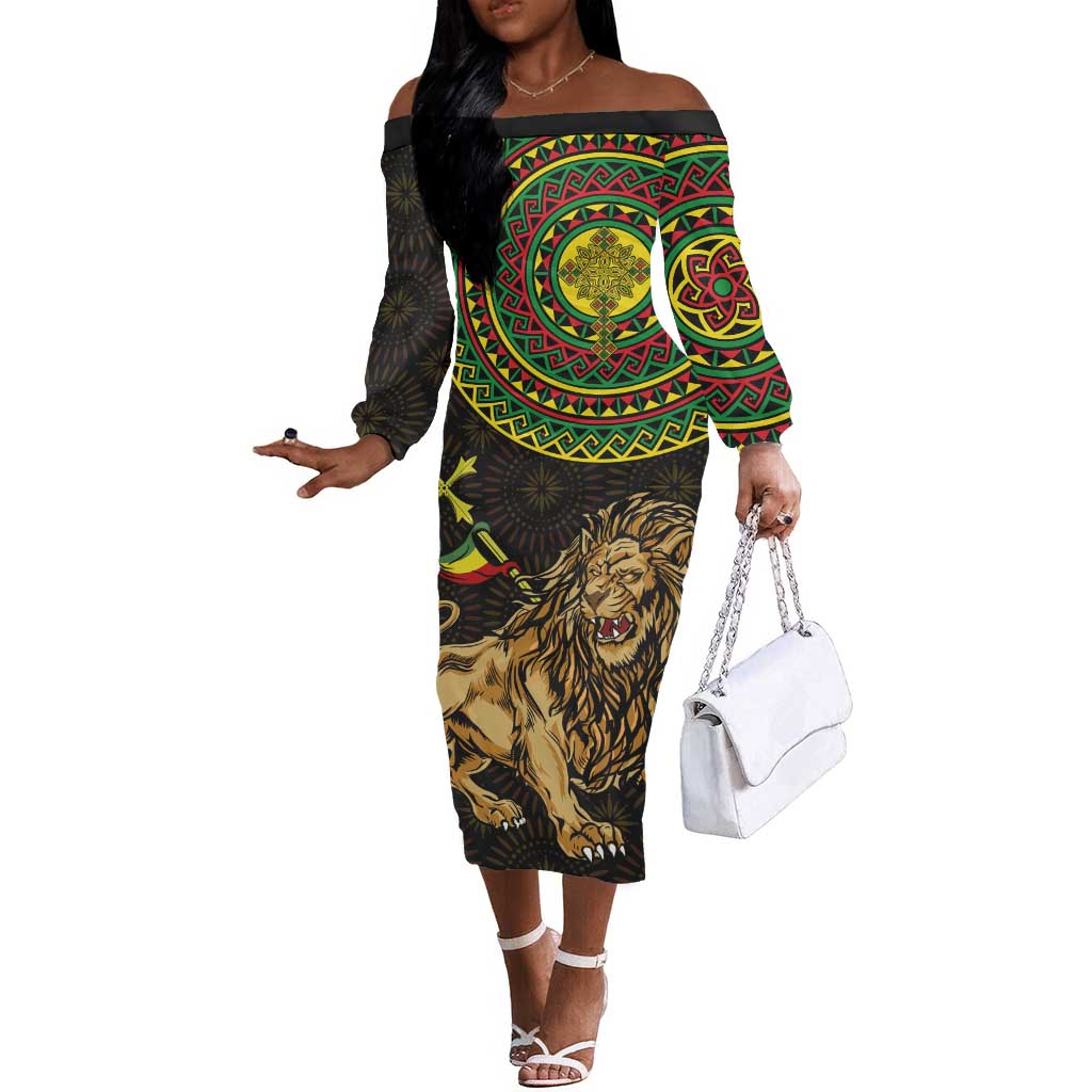 Ethiopia National Day Off The Shoulder Long Sleeve Dress Lion Of Judah African Pattern