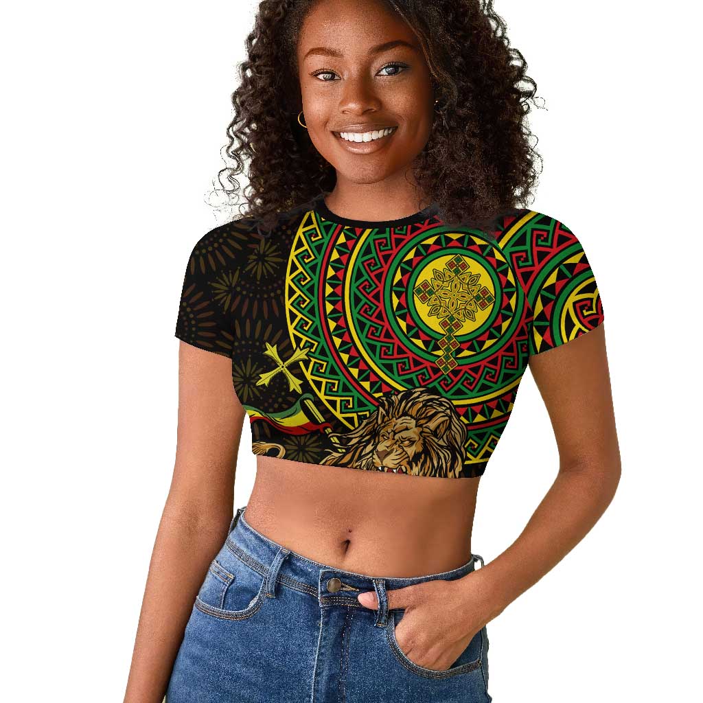 Ethiopia National Day Raglan Cropped T shirt Lion Of Judah African Pattern