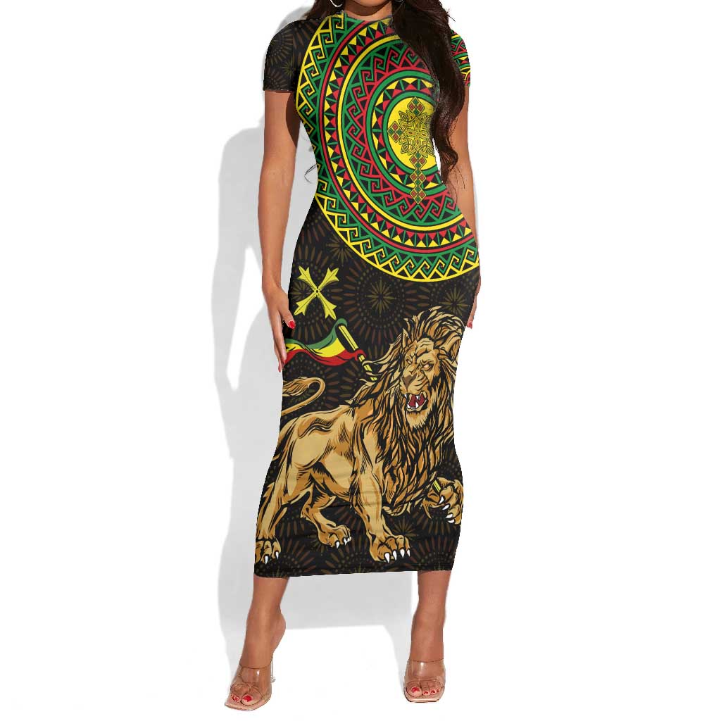 Ethiopia National Day Short Sleeve Bodycon Dress Lion Of Judah African Pattern