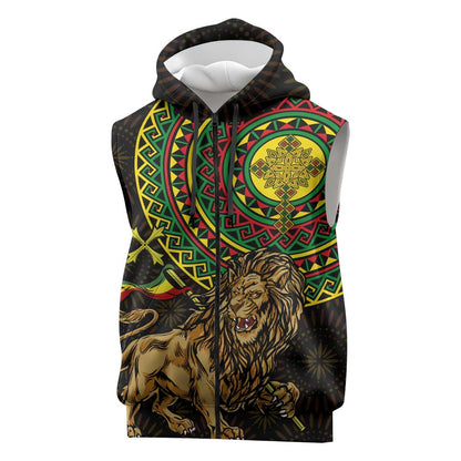 Ethiopia National Day Sleeveless Zip Hoodie Lion Of Judah African Pattern - African Pride