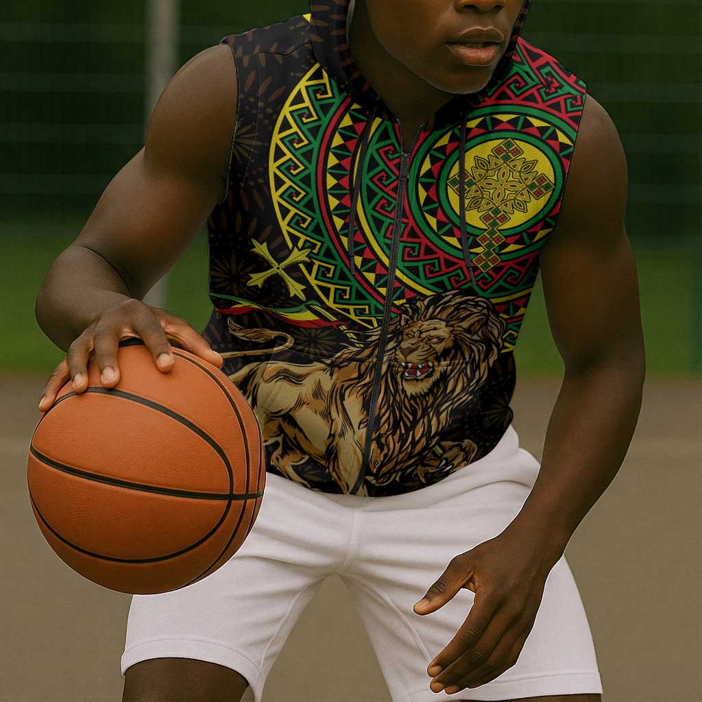 Ethiopia National Day Sleeveless Zip Hoodie Lion Of Judah African Pattern - African Pride