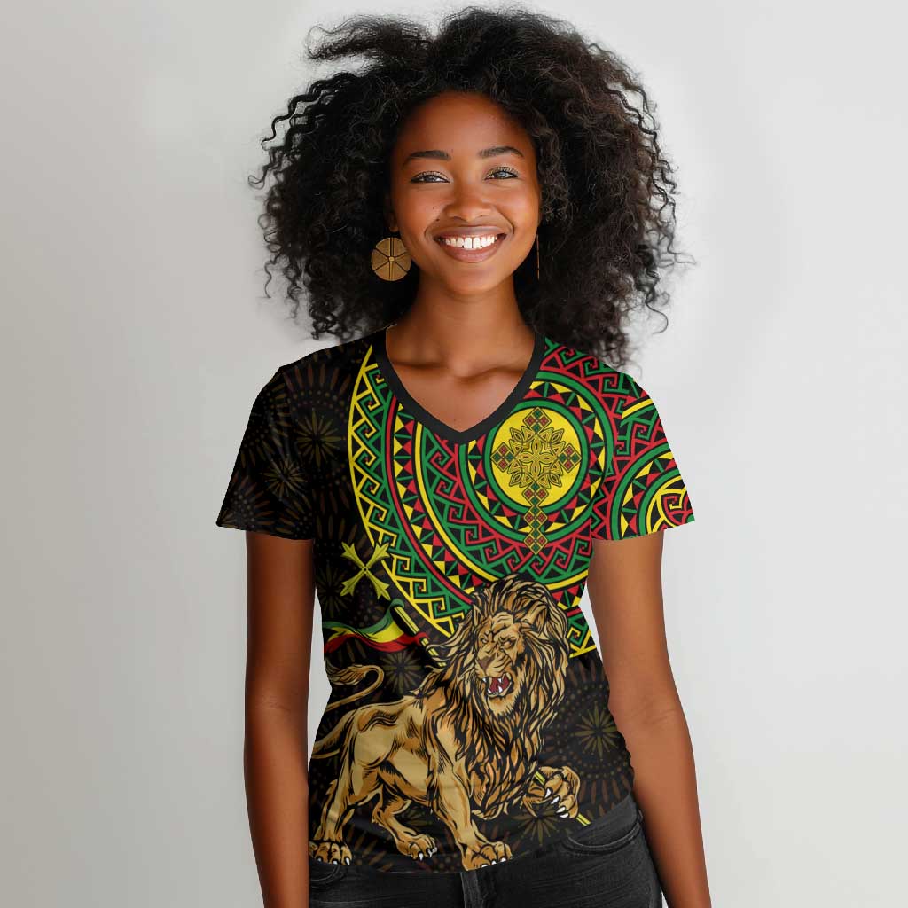 Ethiopia National Day Women V-Neck T-Shirt Lion Of Judah African Pattern