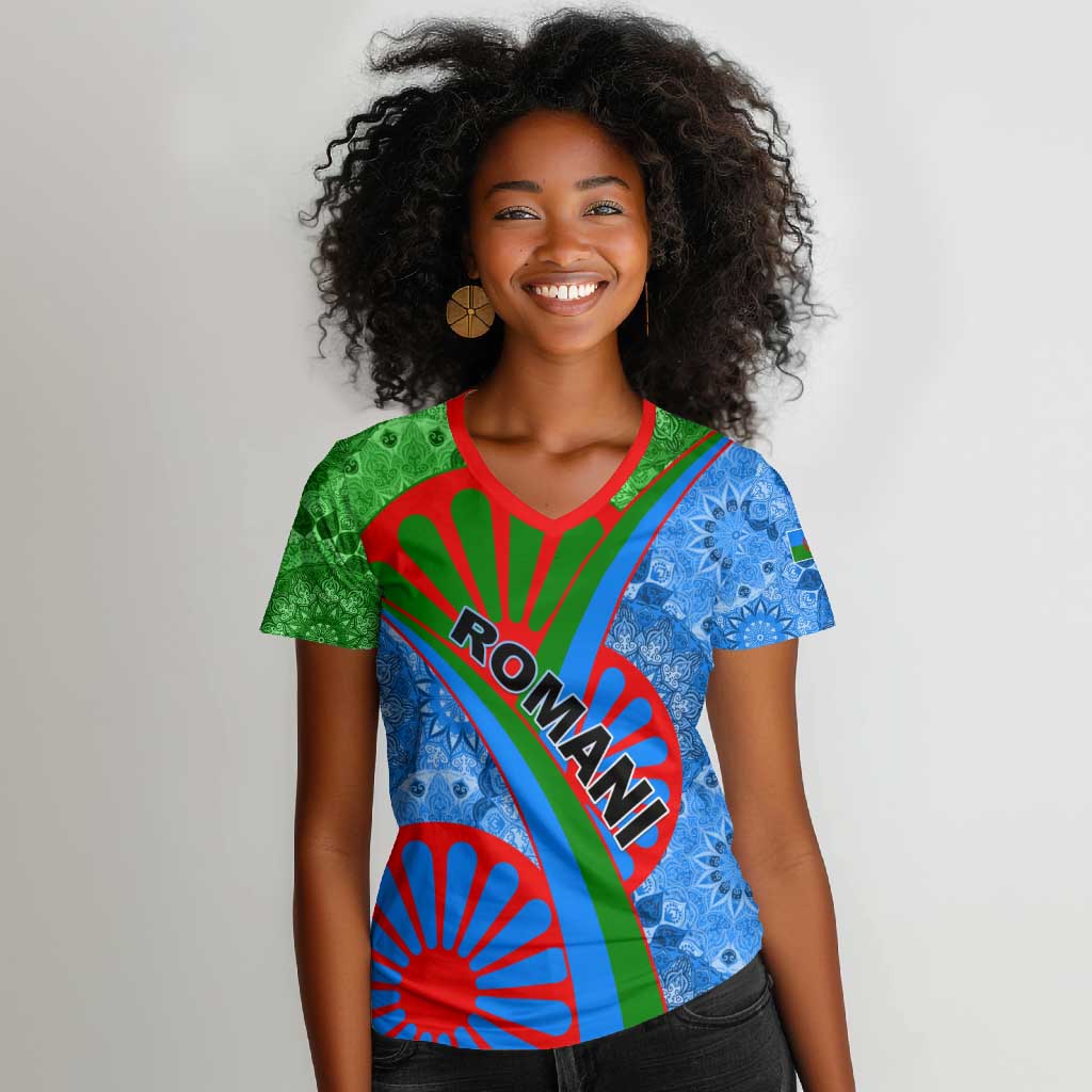 International Romani Day 2024 Women V-Neck T-Shirt Gypsy Pattern Tribal