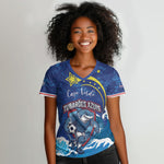 Custom Cape Verde 2026 World Football Women V-Neck T-Shirt Blue Sharks Come On