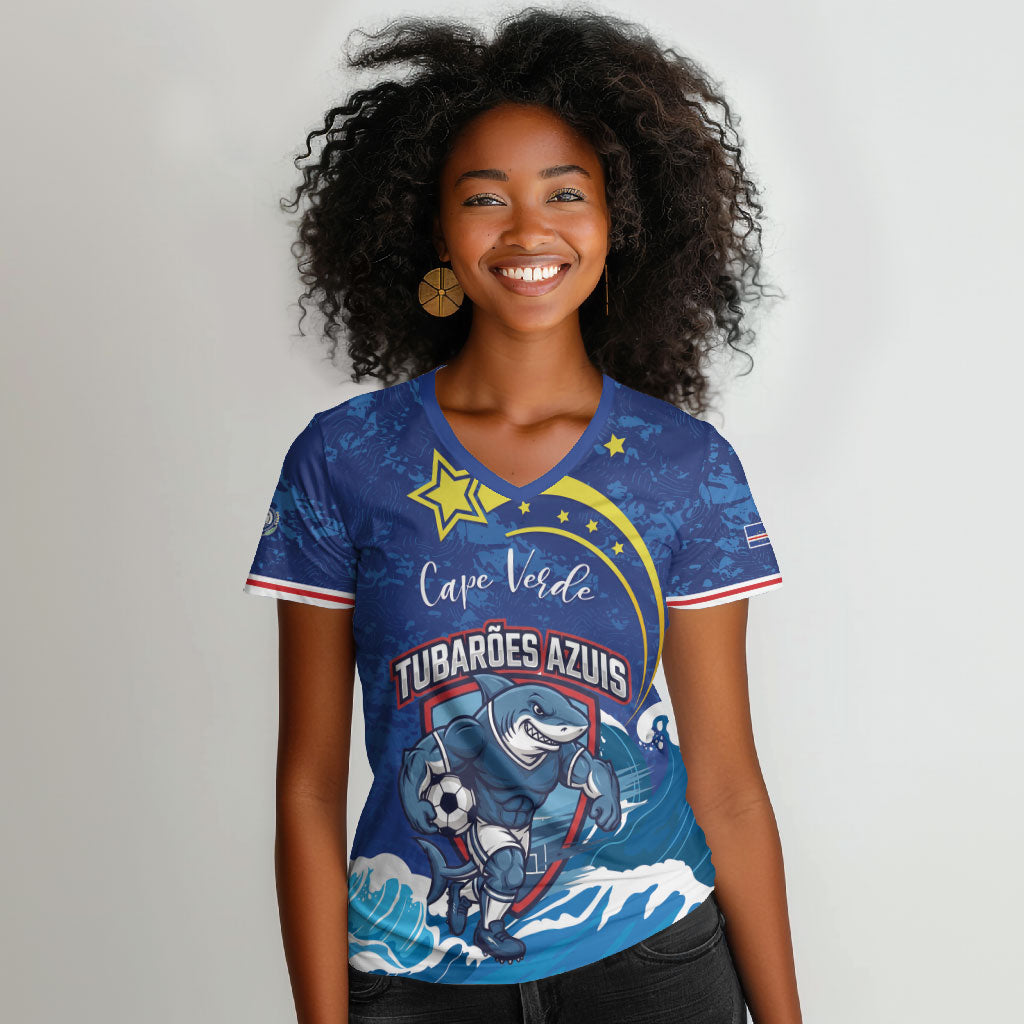 Custom Cape Verde 2026 World Football Women V-Neck T-Shirt Blue Sharks Come On