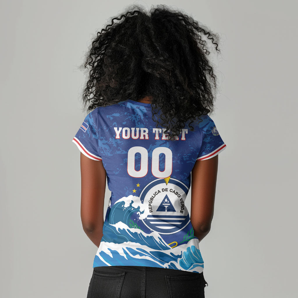 Custom Cape Verde 2026 World Football Women V-Neck T-Shirt Blue Sharks Come On