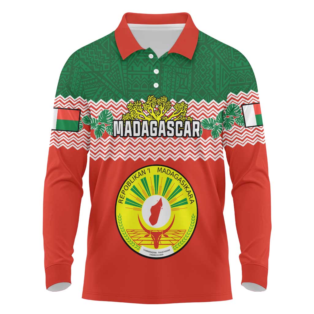 Personalized Madagascar Long Sleeve Polo Shirt with Madagasikara Seal and Baobab African Pattern