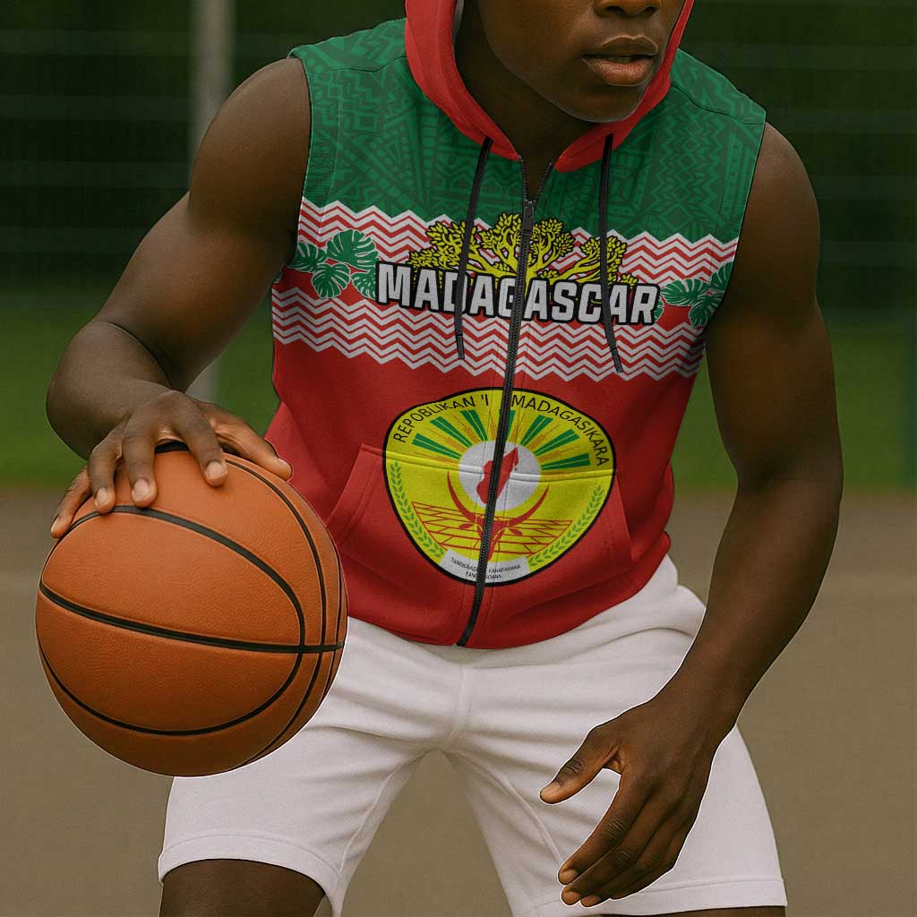 Personalized Madagascar Sleeveless Zip Hoodie with Madagasikara Seal and Baobab African Pattern - African Pride