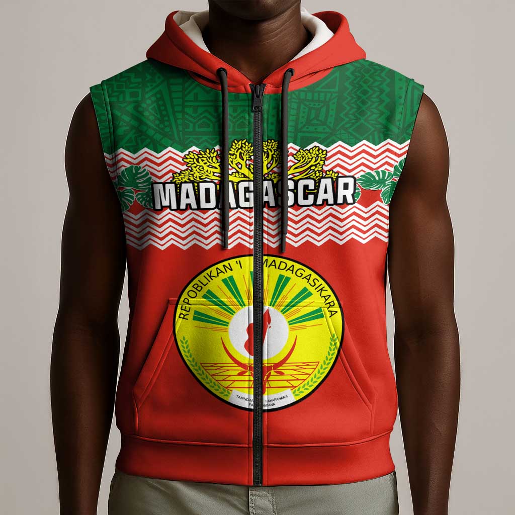 Personalized Madagascar Sleeveless Zip Hoodie with Madagasikara Seal and Baobab African Pattern - African Pride