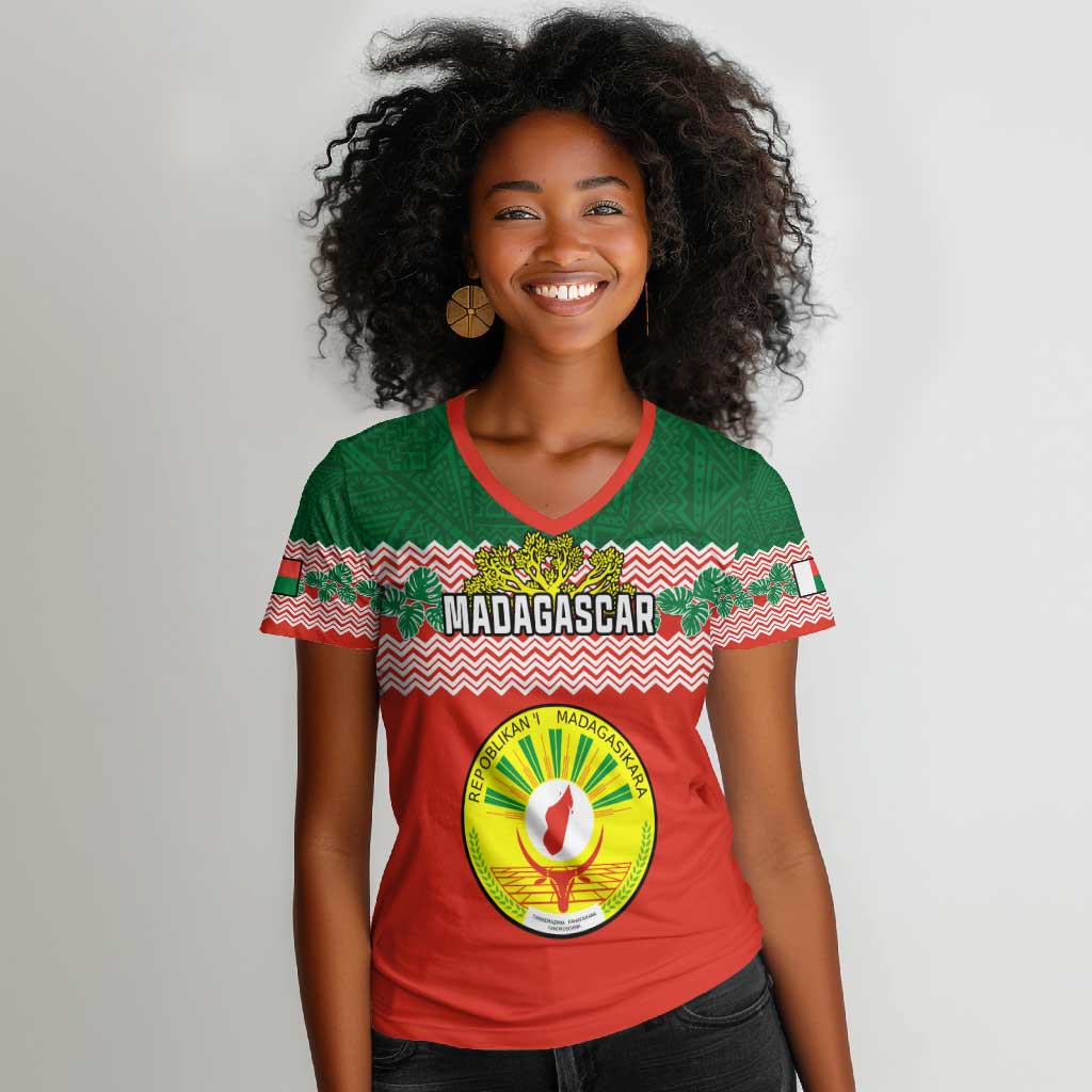 Personalized Madagascar Women V-Neck T-Shirt with Madagasikara Seal and Baobab African Pattern