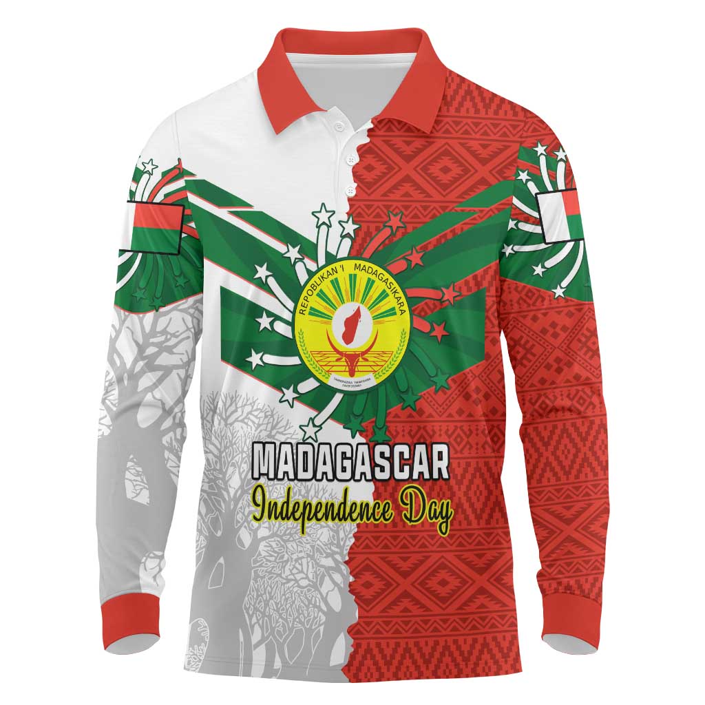 Personalized Madagascar Independence Day Long Sleeve Polo Shirt - 26 June, Baobab Mix African Pattern