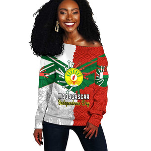 Personalized Madagascar Independence Day Off Shoulder Sweater - 26 June, Baobab Mix African Pattern