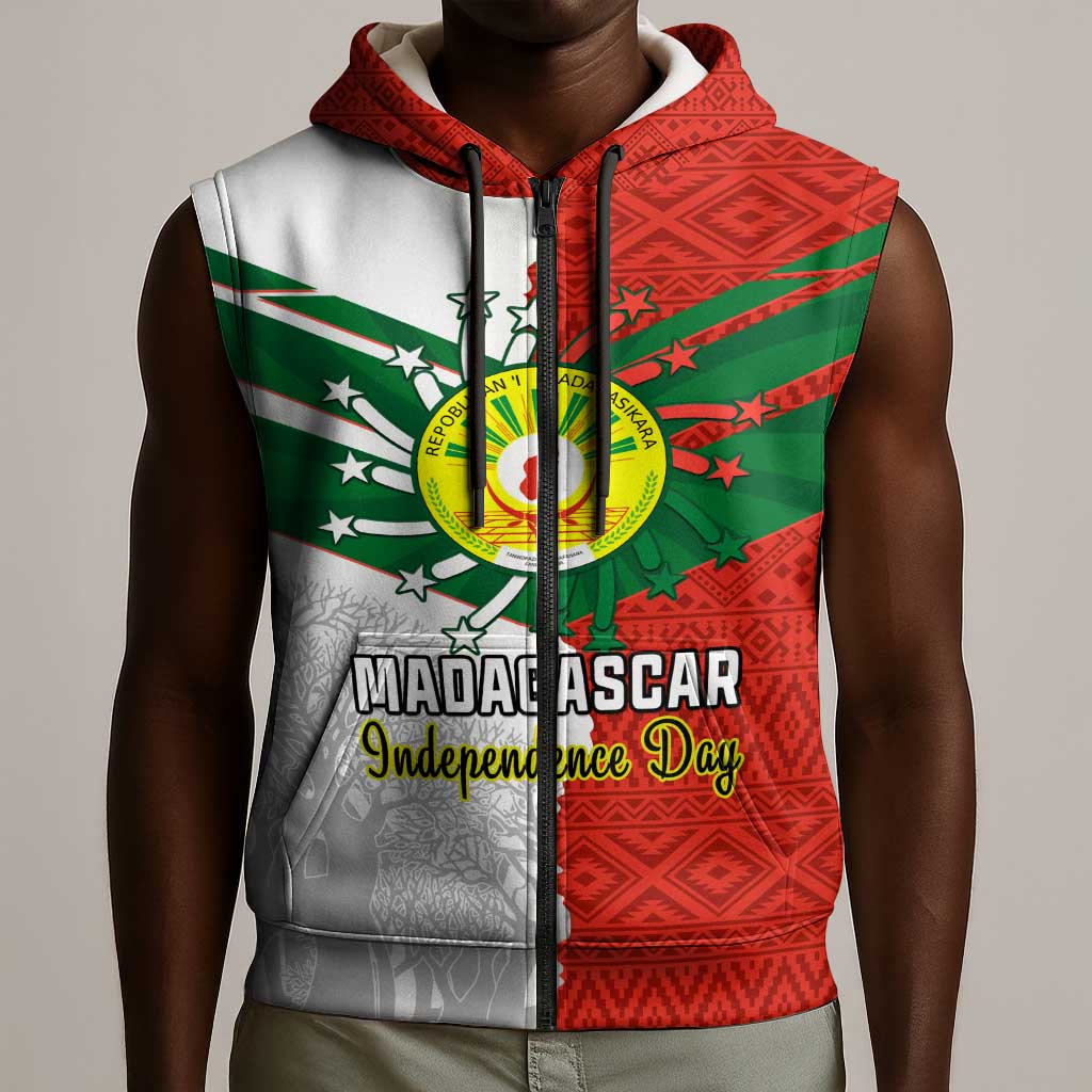 Personalized Madagascar Independence Day Sleeveless Zip Hoodie - 26 June, Baobab Mix African Pattern - African Pride