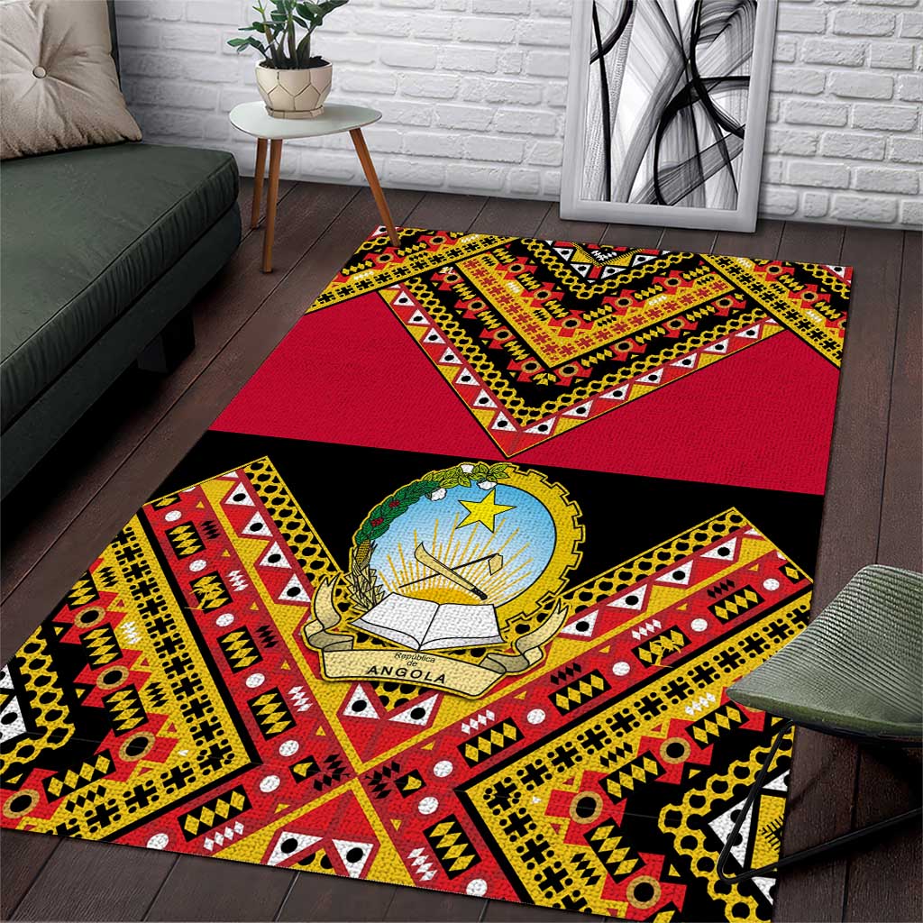 Angola Independence Day Area Rug with Coat of Arms and Samakaka Pattern