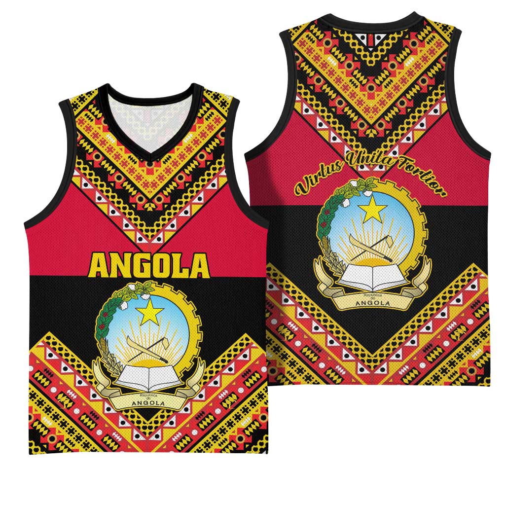 Angola Independence Day Basketball Jersey with Coat of Arms and Samakaka Pattern LT01
