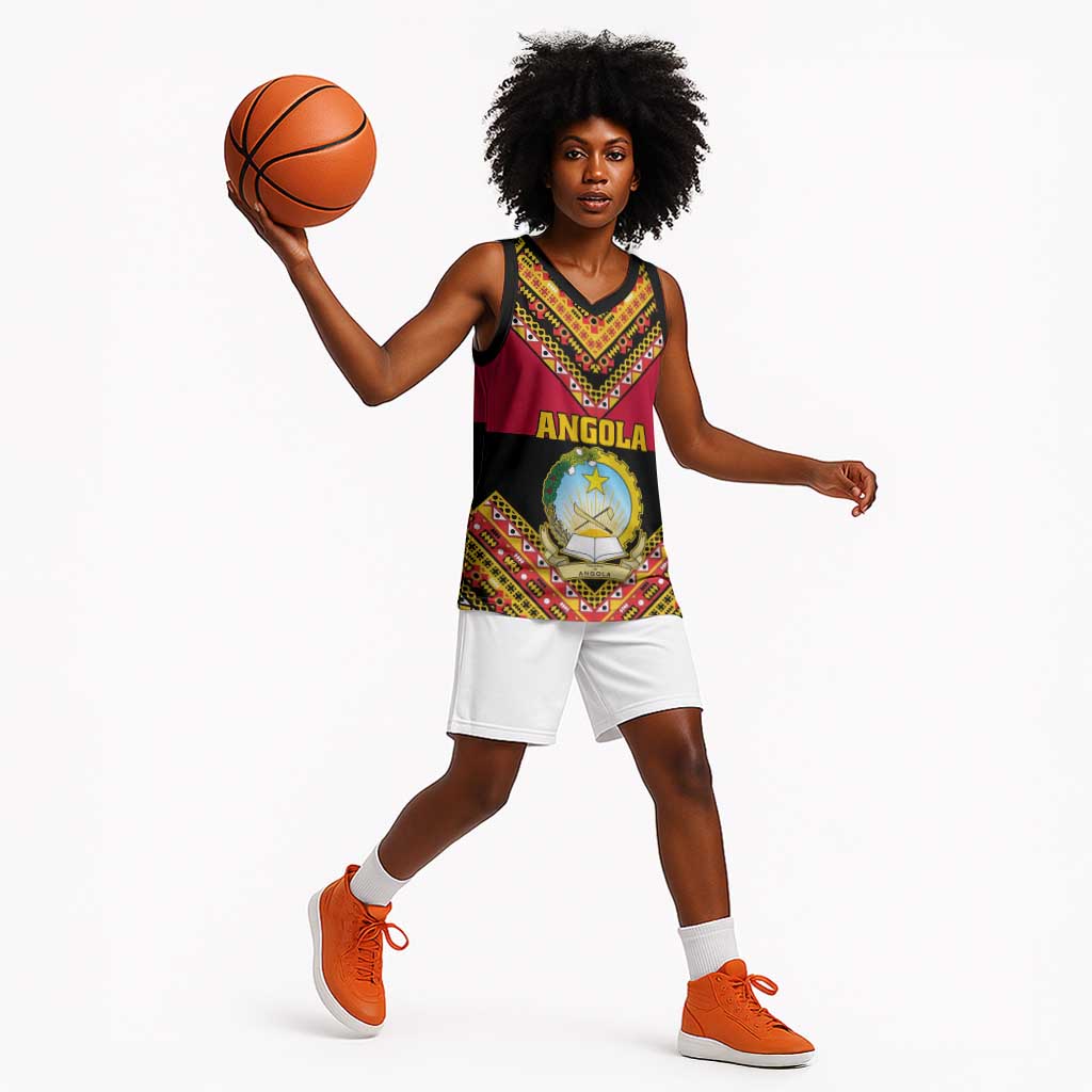 Angola Independence Day Basketball Jersey with Coat of Arms and Samakaka Pattern LT01