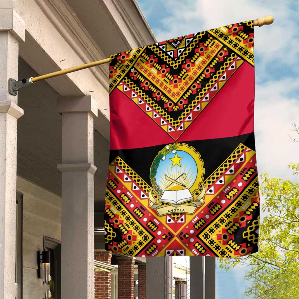 Angola Independence Day Garden Flag with Coat of Arms and Samakaka Pattern