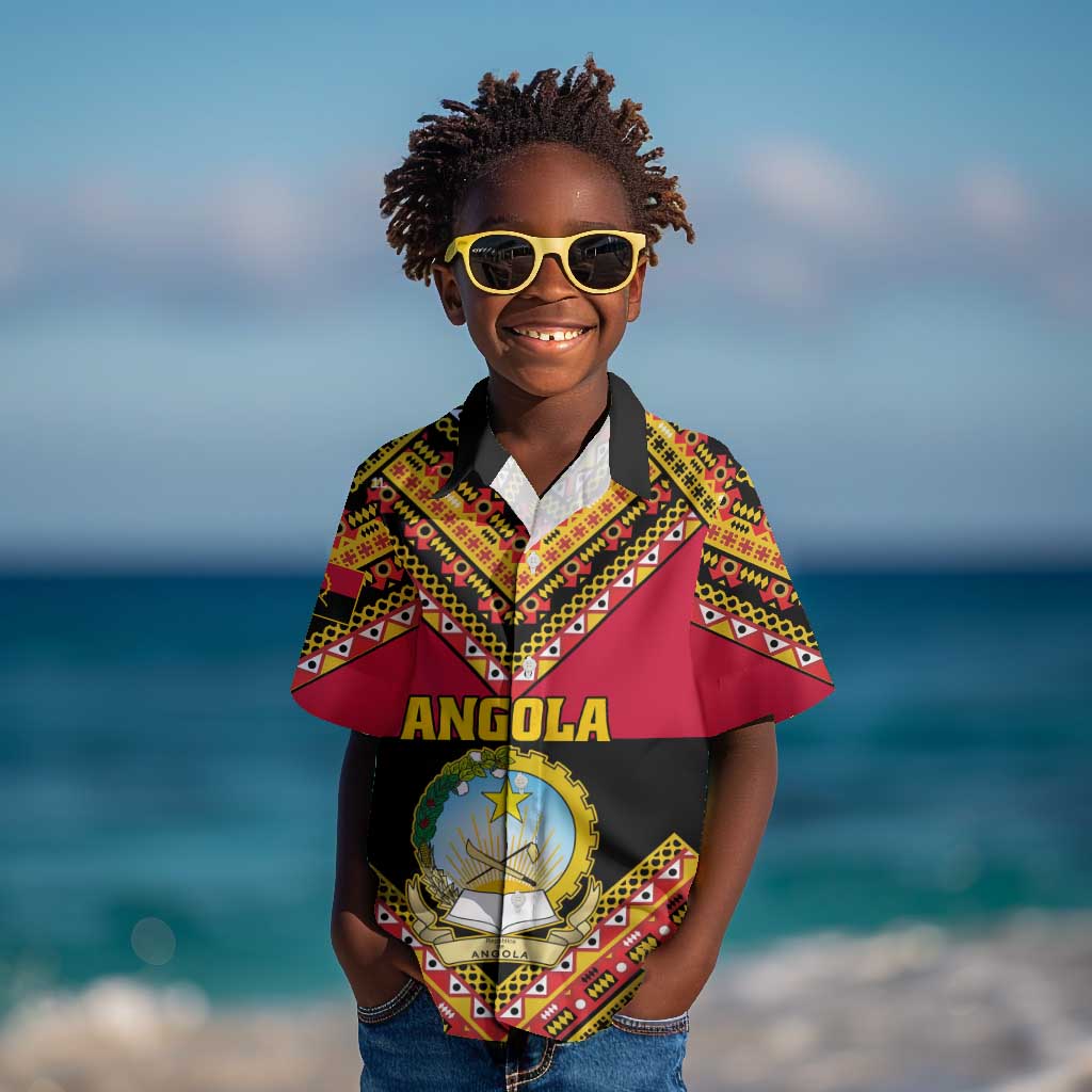 Angola Independence Day Kid Hawaiian Shirt with Coat of Arms and Samakaka Pattern