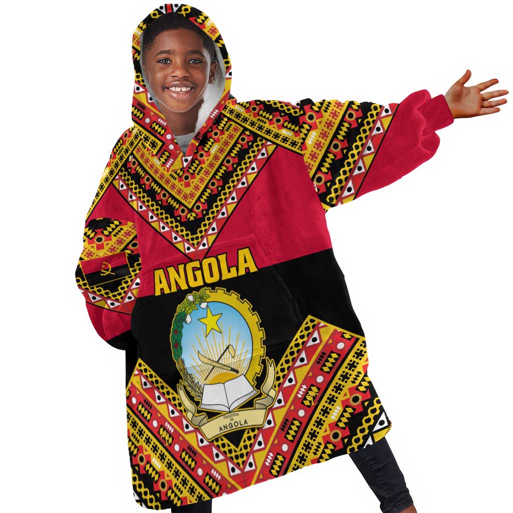 Angola Independence Day KId Wearable Blanket Hoodie with Coat of Arms and Samakaka Pattern