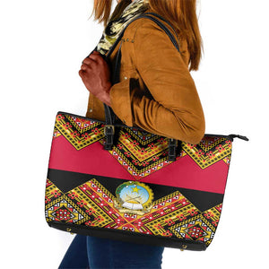 Angola Independence Day Leather Tote Bag with Coat of Arms and Samakaka Pattern